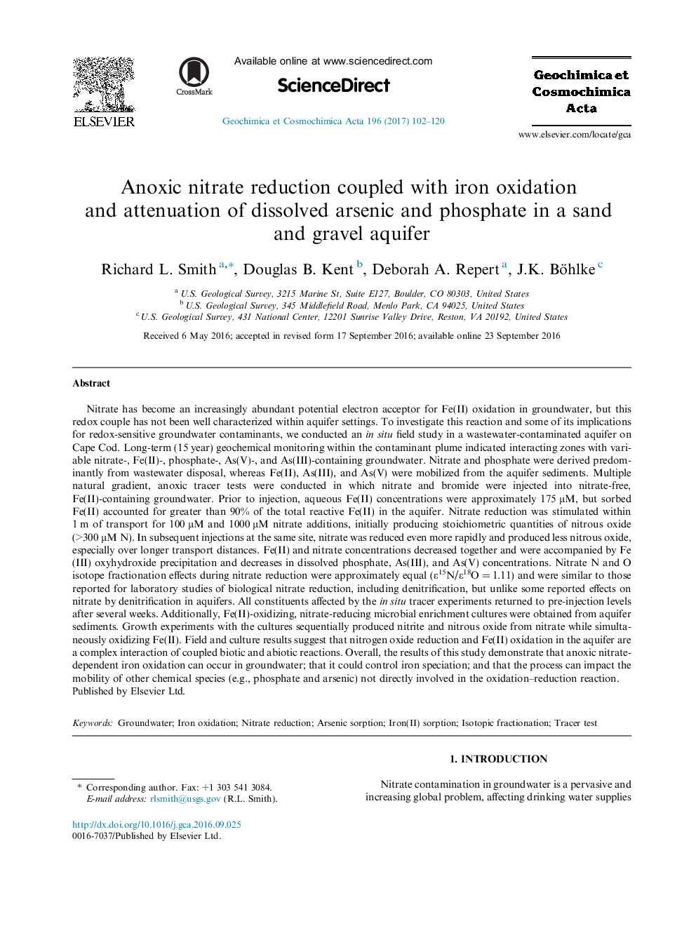 Anoxic nitrate reduction coupled with iron oxidation and attenuation of dissolved arsenic and phosphate in a sand and gravel aquifer