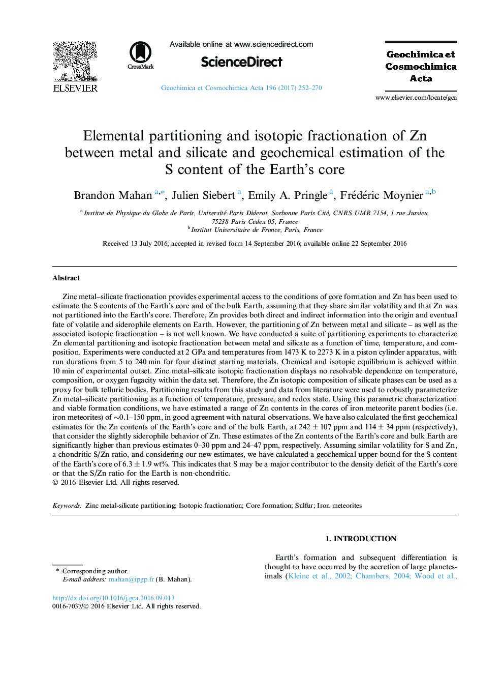 Elemental partitioning and isotopic fractionation of Zn between metal and silicate and geochemical estimation of the S content of the Earth's core