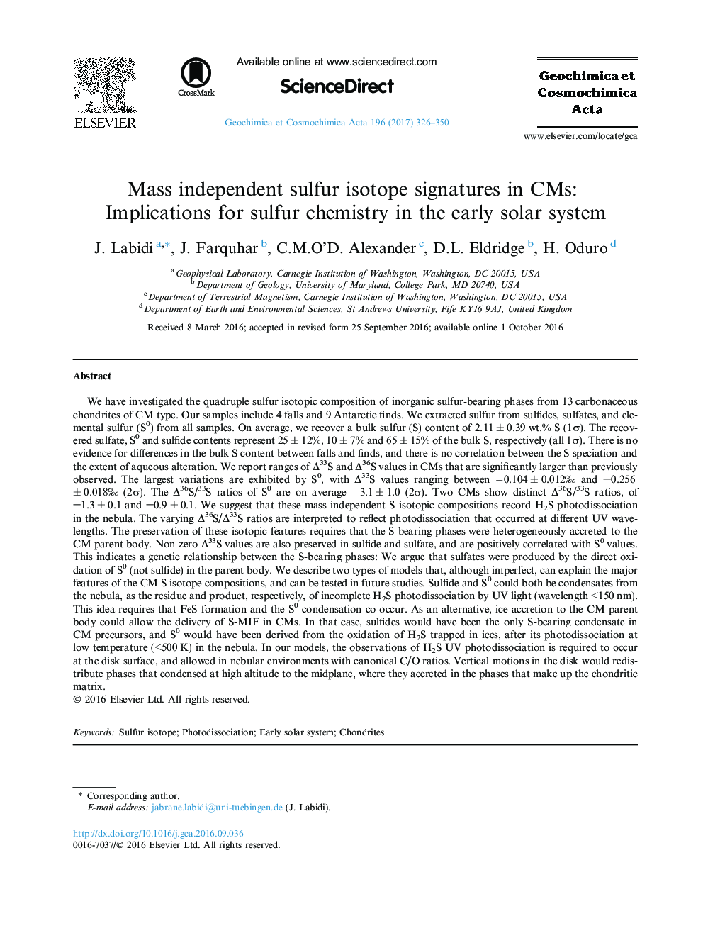 Mass independent sulfur isotope signatures in CMs: Implications for sulfur chemistry in the early solar system