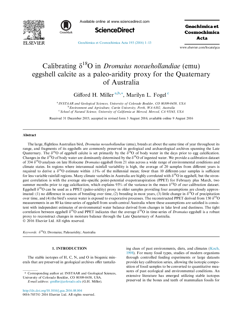 Calibrating Î´18O in Dromaius novaehollandiae (emu) eggshell calcite as a paleo-aridity proxy for the Quaternary of Australia