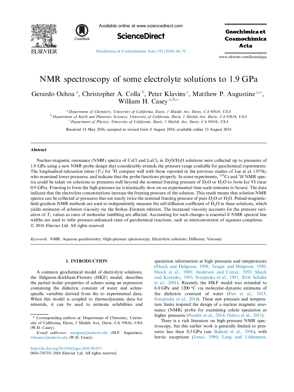 NMR spectroscopy of some electrolyte solutions to 1.9Â GPa