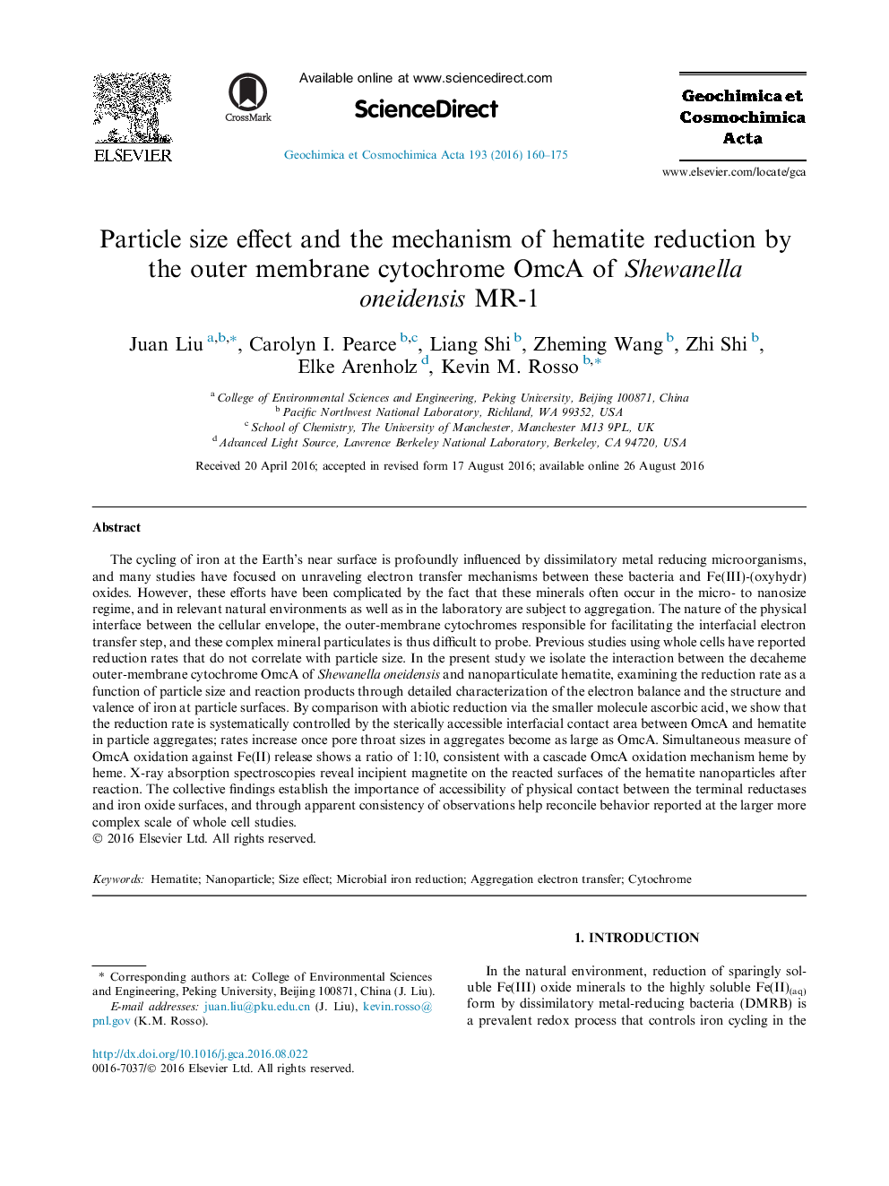 Particle size effect and the mechanism of hematite reduction by the outer membrane cytochrome OmcA of Shewanella oneidensis MR-1