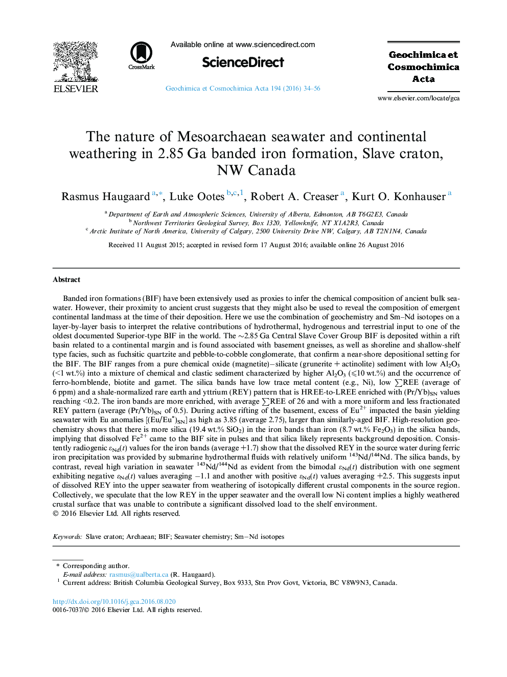 The nature of Mesoarchaean seawater and continental weathering in 2.85Â Ga banded iron formation, Slave craton, NW Canada