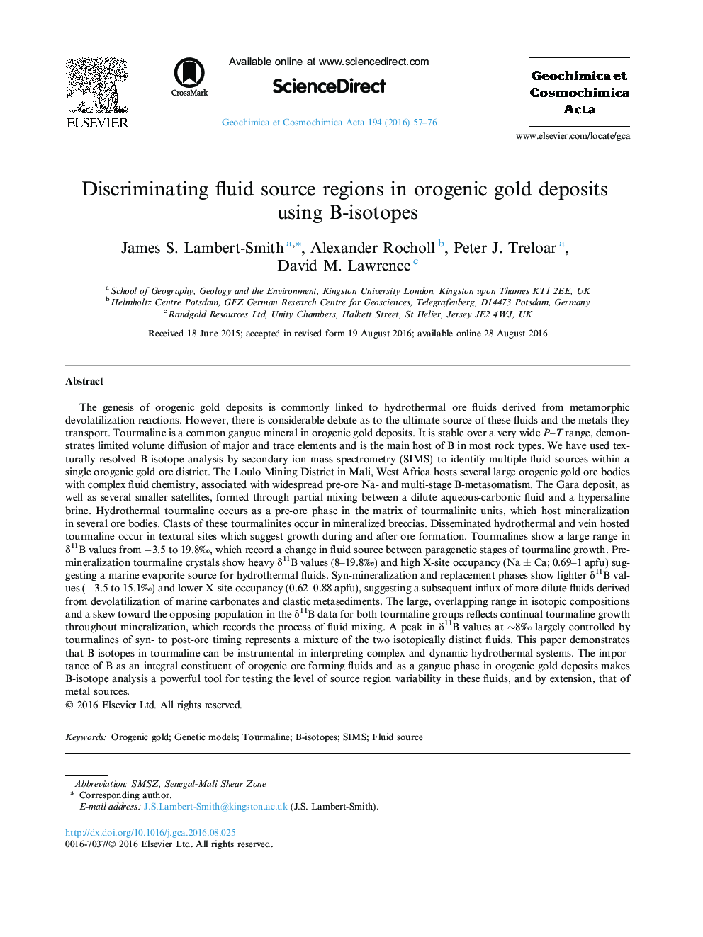 عکس صفحه اول مقاله: Discriminating fluid source regions in orogenic gold deposits using B-isotopes Discriminating fluid source regions in orogenic gold deposits using B-isotopes