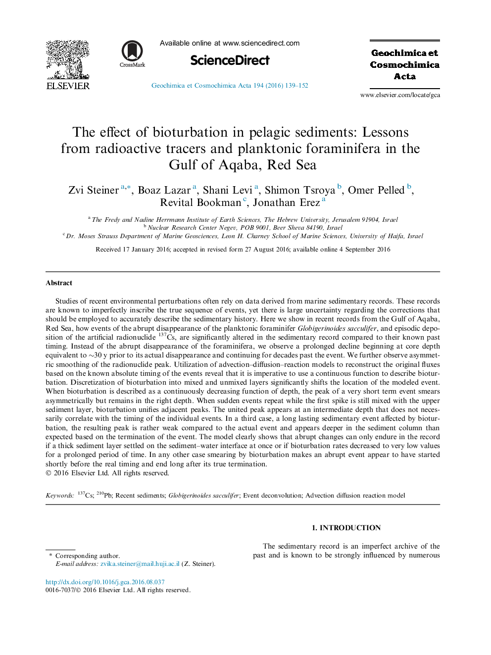 The effect of bioturbation in pelagic sediments: Lessons from radioactive tracers and planktonic foraminifera in the Gulf of Aqaba, Red Sea