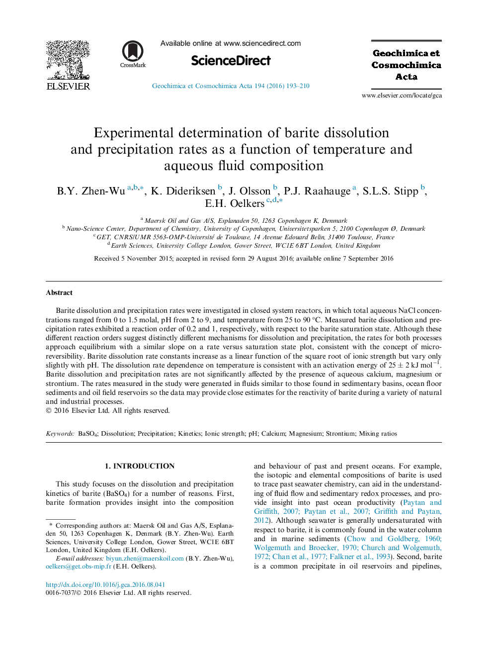 Experimental determination of barite dissolution and precipitation rates as a function of temperature and aqueous fluid composition