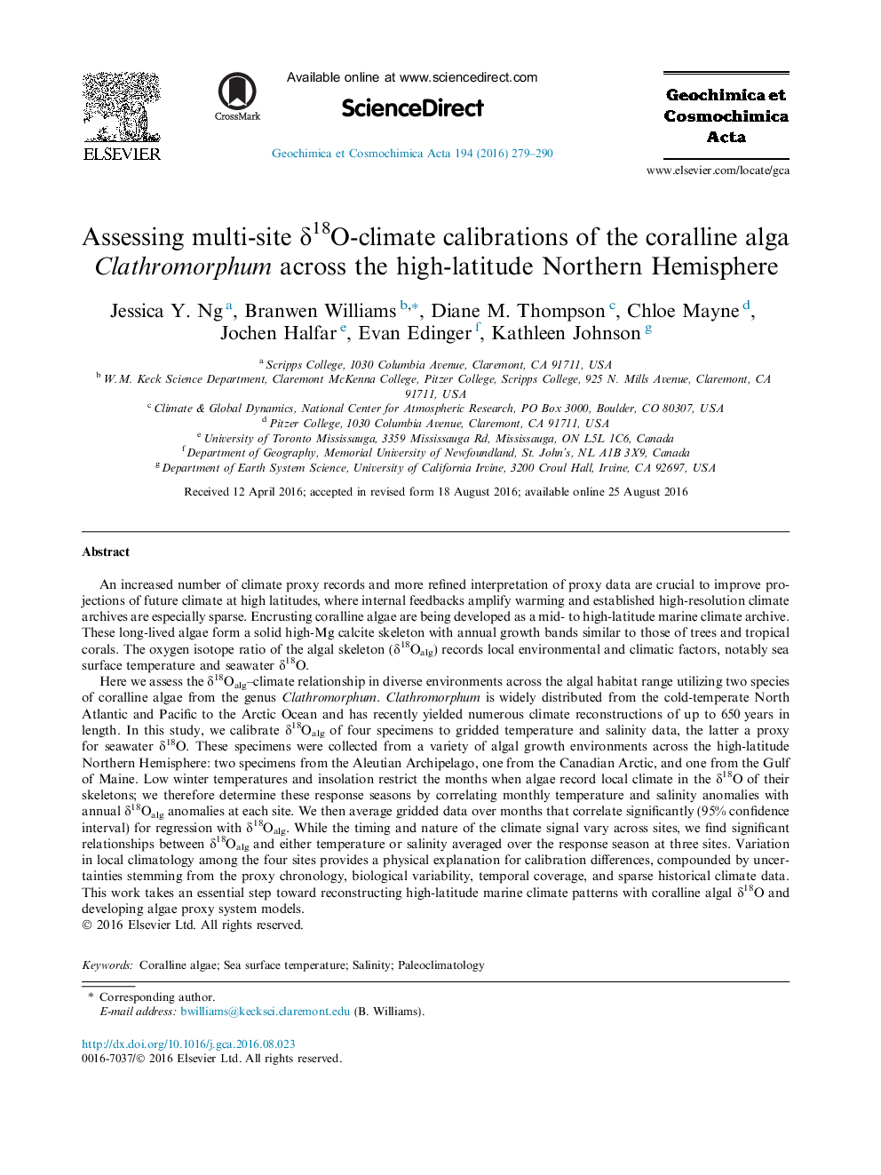 Assessing multi-site Î´18O-climate calibrations of the coralline alga Clathromorphum across the high-latitude Northern Hemisphere