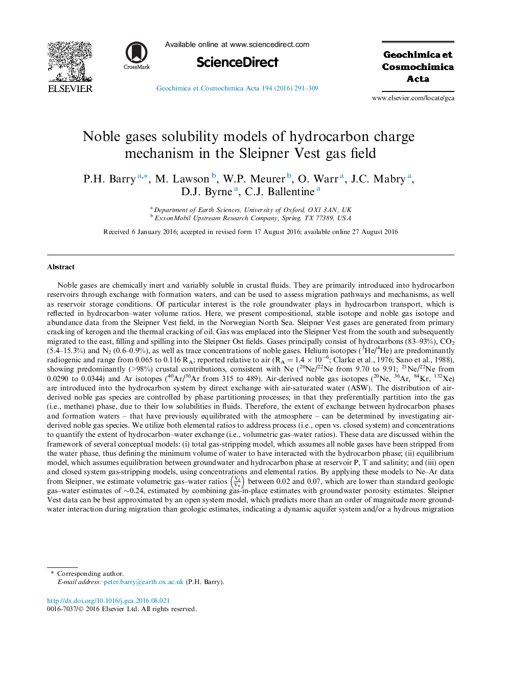 Noble gases solubility models of hydrocarbon charge mechanism in the Sleipner Vest gas field