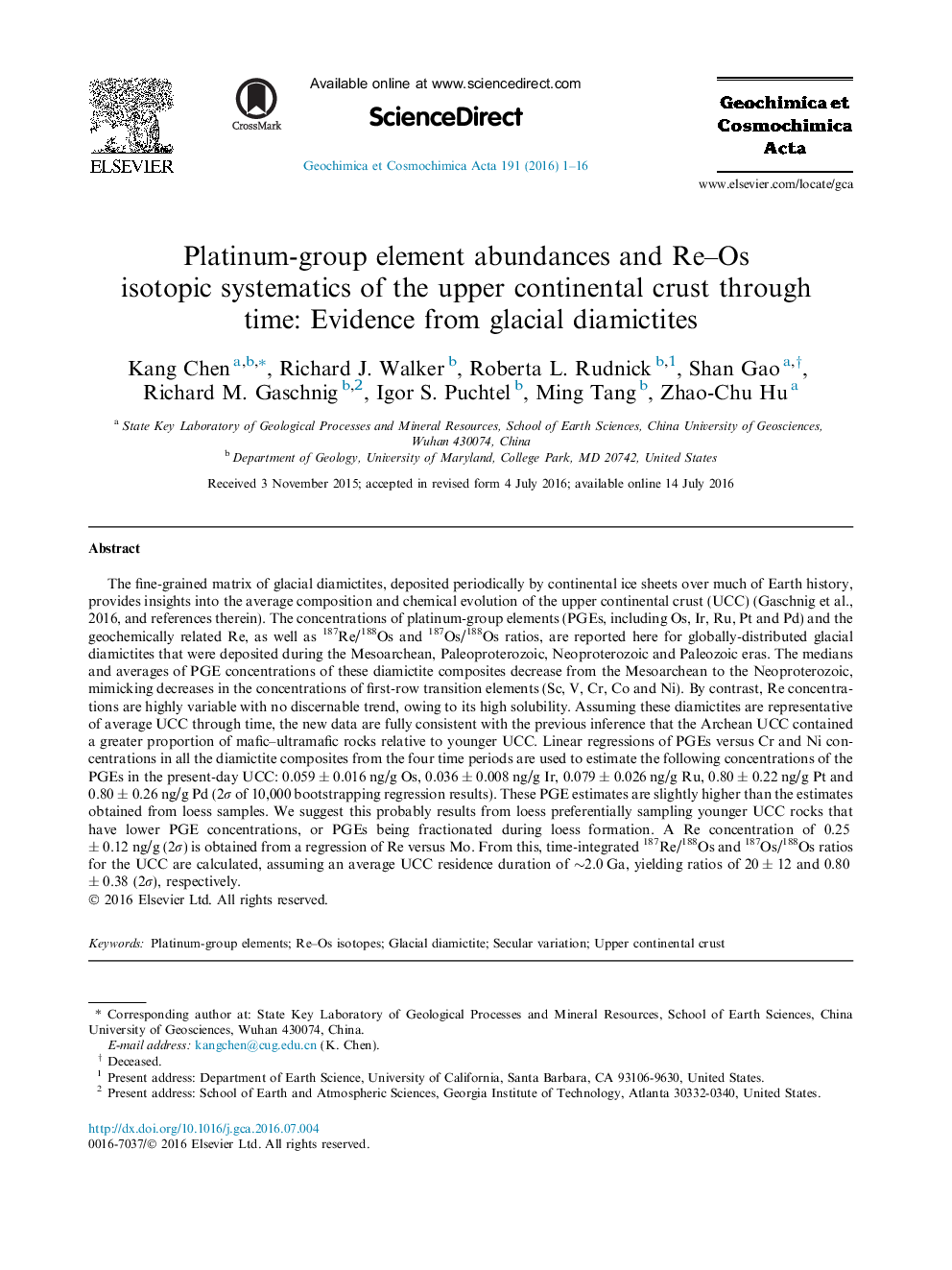 Platinum-group element abundances and Re-Os isotopic systematics of the upper continental crust through time: Evidence from glacial diamictites