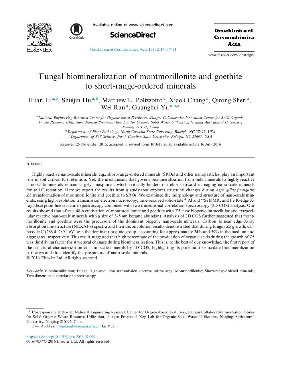 Fungal biomineralization of montmorillonite and goethite to short-range-ordered minerals