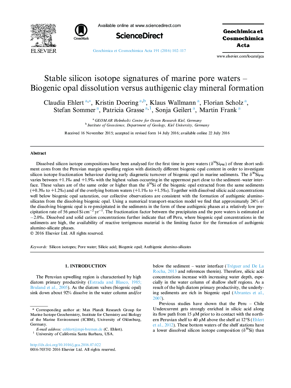 Stable silicon isotope signatures of marine pore waters – Biogenic opal dissolution versus authigenic clay mineral formation