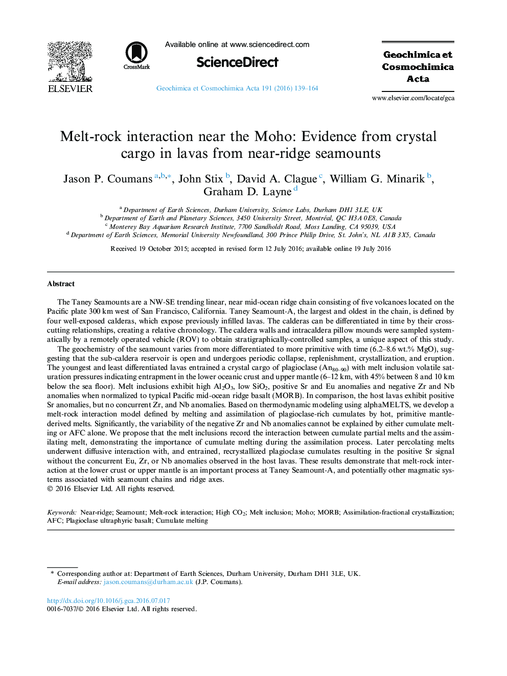 Melt-rock interaction near the Moho: Evidence from crystal cargo in lavas from near-ridge seamounts