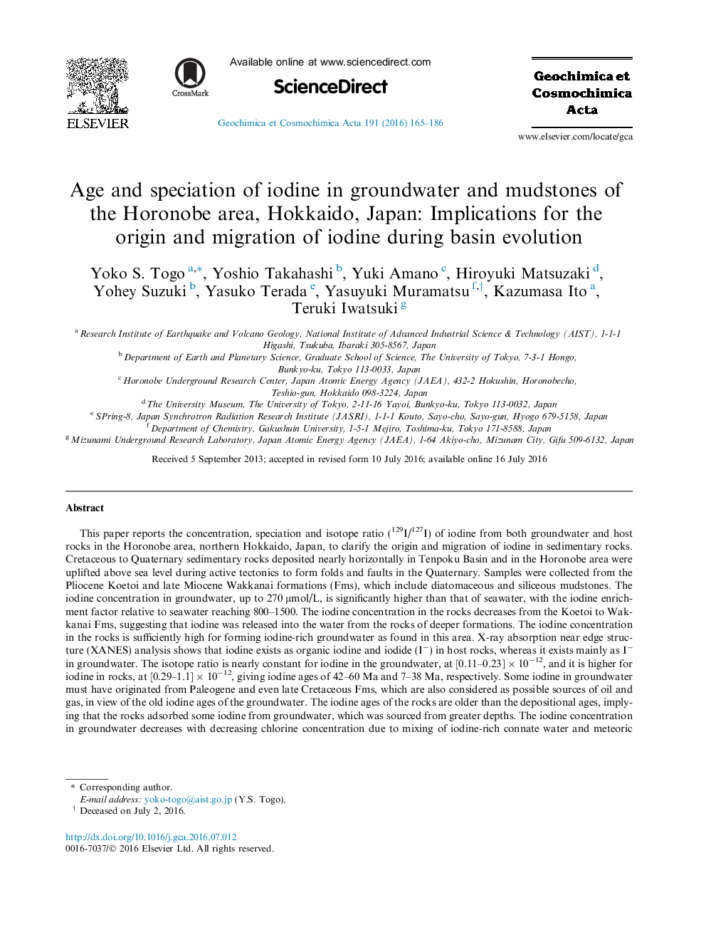 Age and speciation of iodine in groundwater and mudstones of the Horonobe area, Hokkaido, Japan: Implications for the origin and migration of iodine during basin evolution