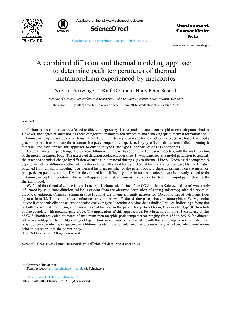 A combined diffusion and thermal modeling approach to determine peak temperatures of thermal metamorphism experienced by meteorites