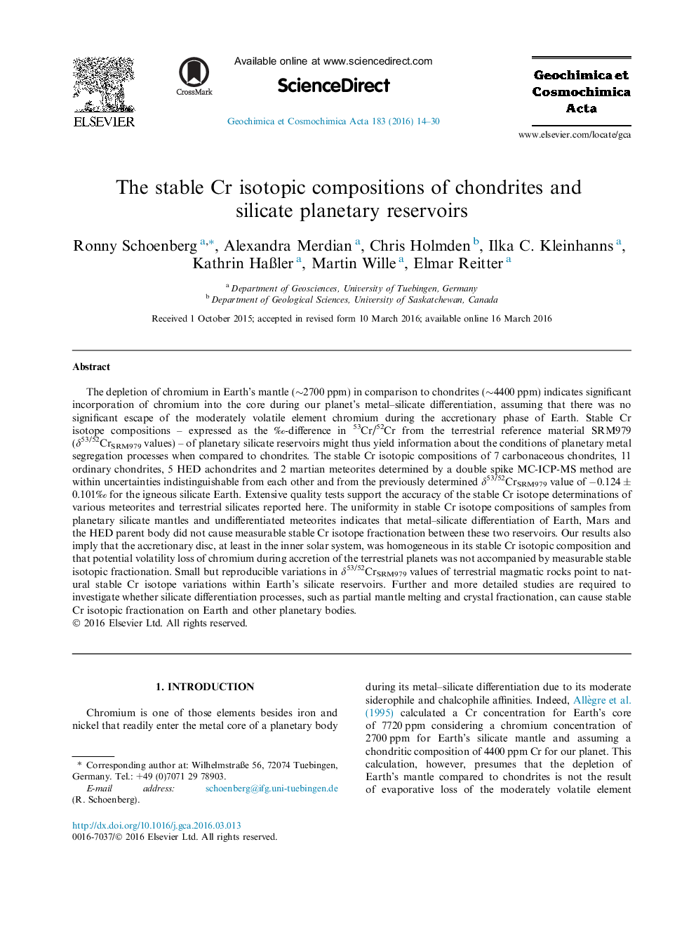 The stable Cr isotopic compositions of chondrites and silicate planetary reservoirs