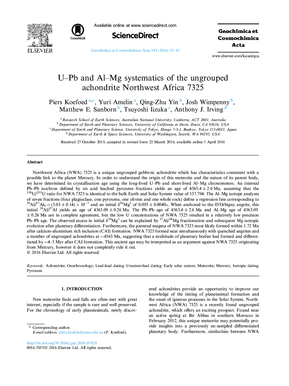 U-Pb and Al-Mg systematics of the ungrouped achondrite Northwest Africa 7325