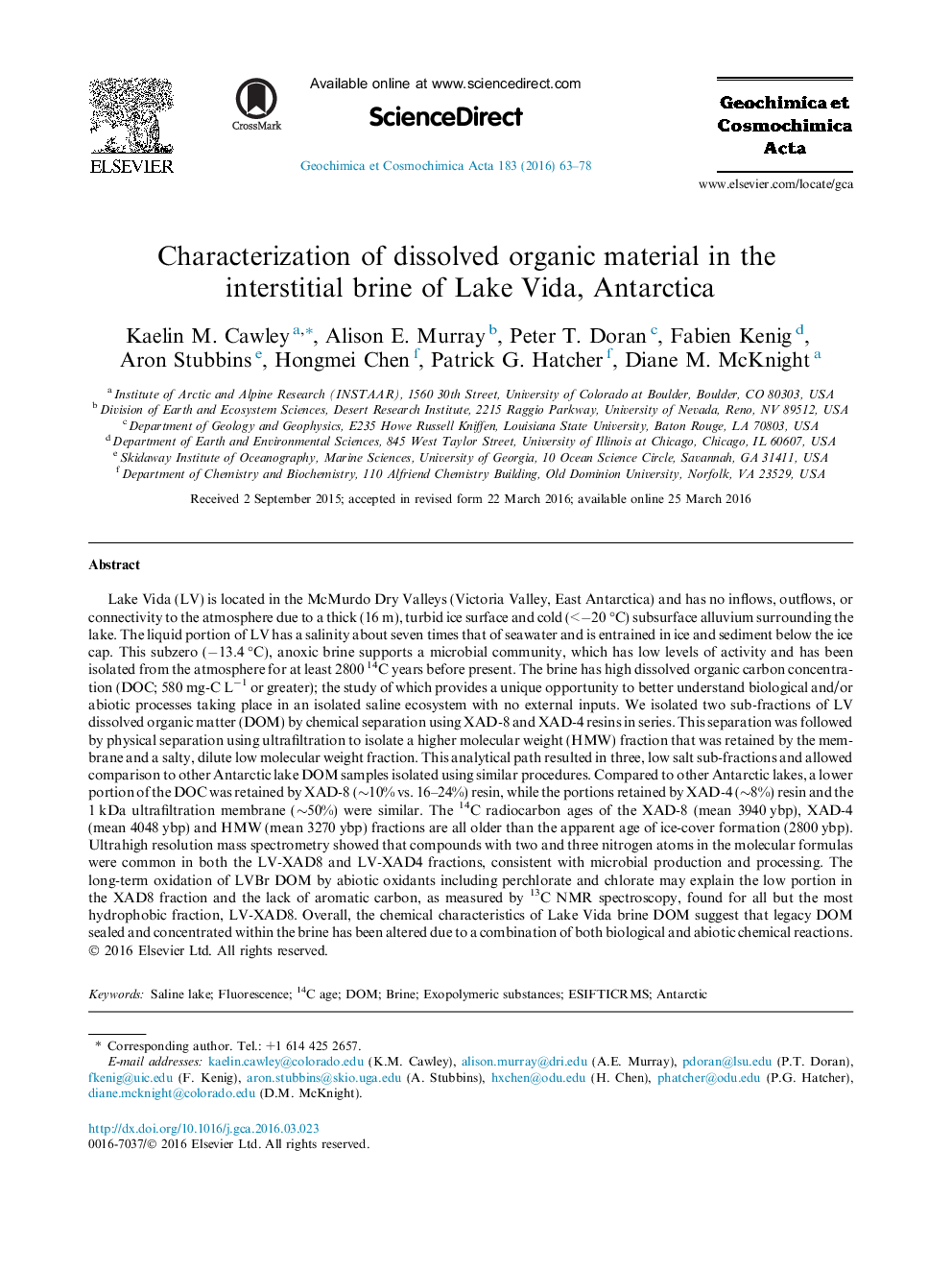 Characterization of dissolved organic material in the interstitial brine of Lake Vida, Antarctica