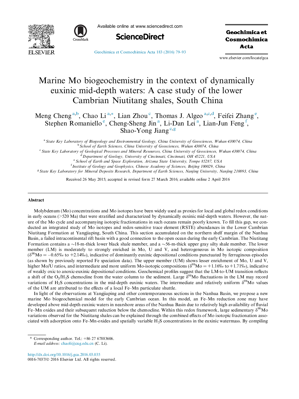 Marine Mo biogeochemistry in the context of dynamically euxinic mid-depth waters: A case study of the lower Cambrian Niutitang shales, South China