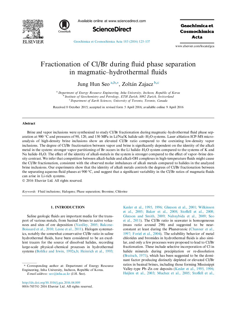 عکس صفحه اول مقاله: Fractionation of Cl/Br during fluid phase separation in magmatic-hydrothermal fluids Fractionation of Cl/Br during fluid phase separation in magmatic-hydrothermal fluids