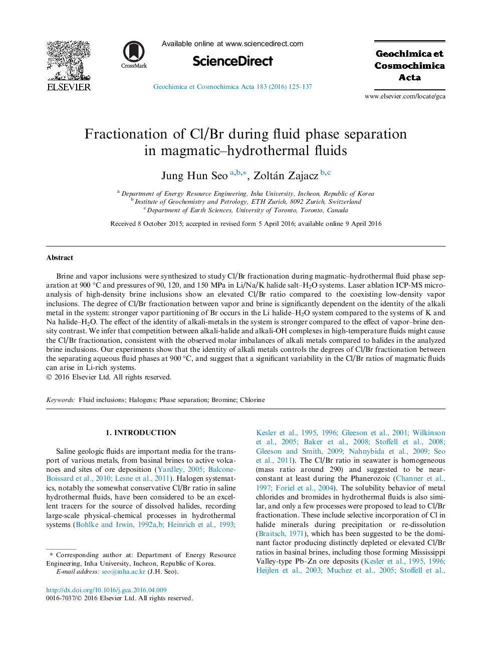 Fractionation of Cl/Br during fluid phase separation in magmatic-hydrothermal fluids