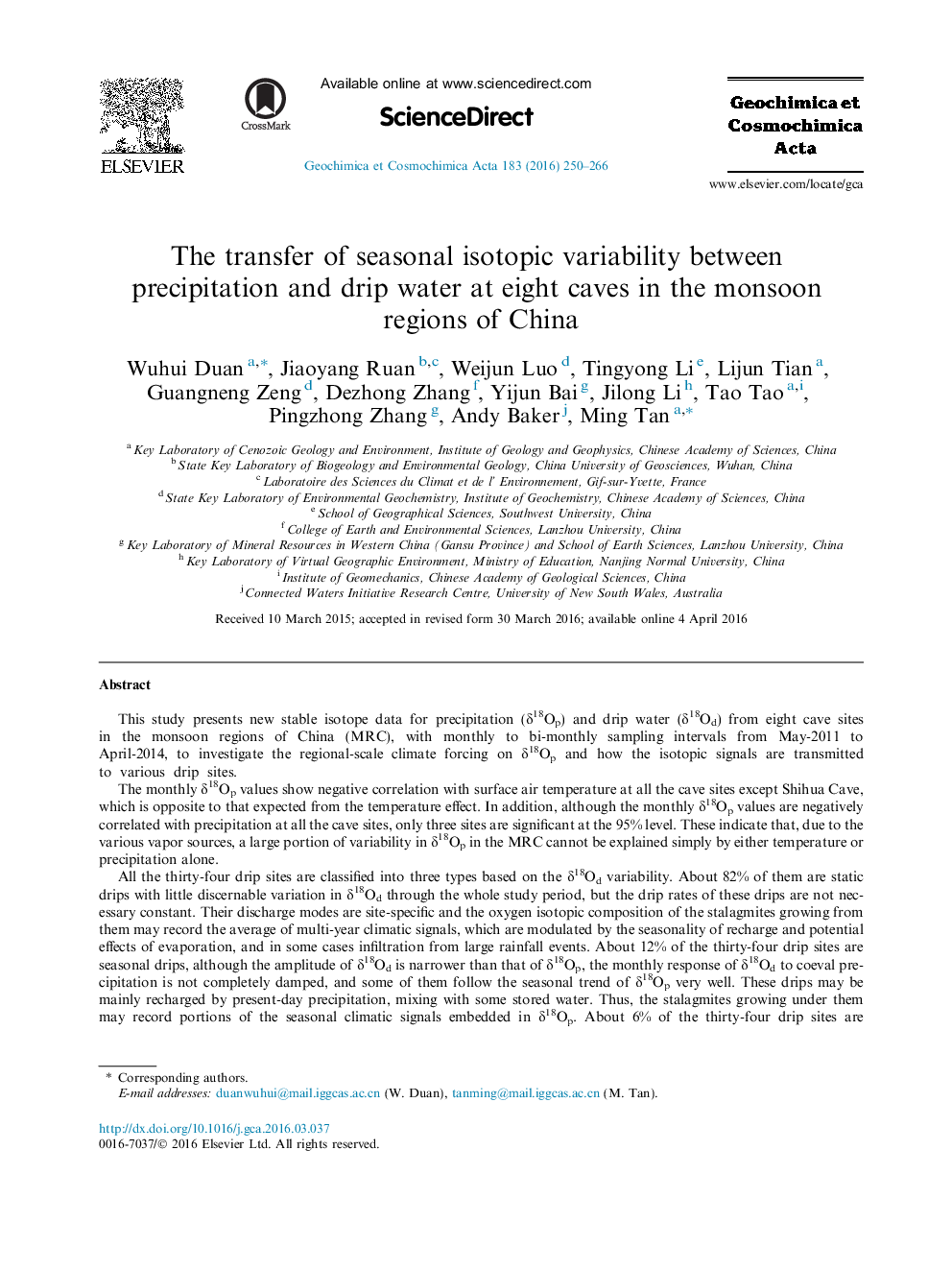 The transfer of seasonal isotopic variability between precipitation and drip water at eight caves in the monsoon regions of China