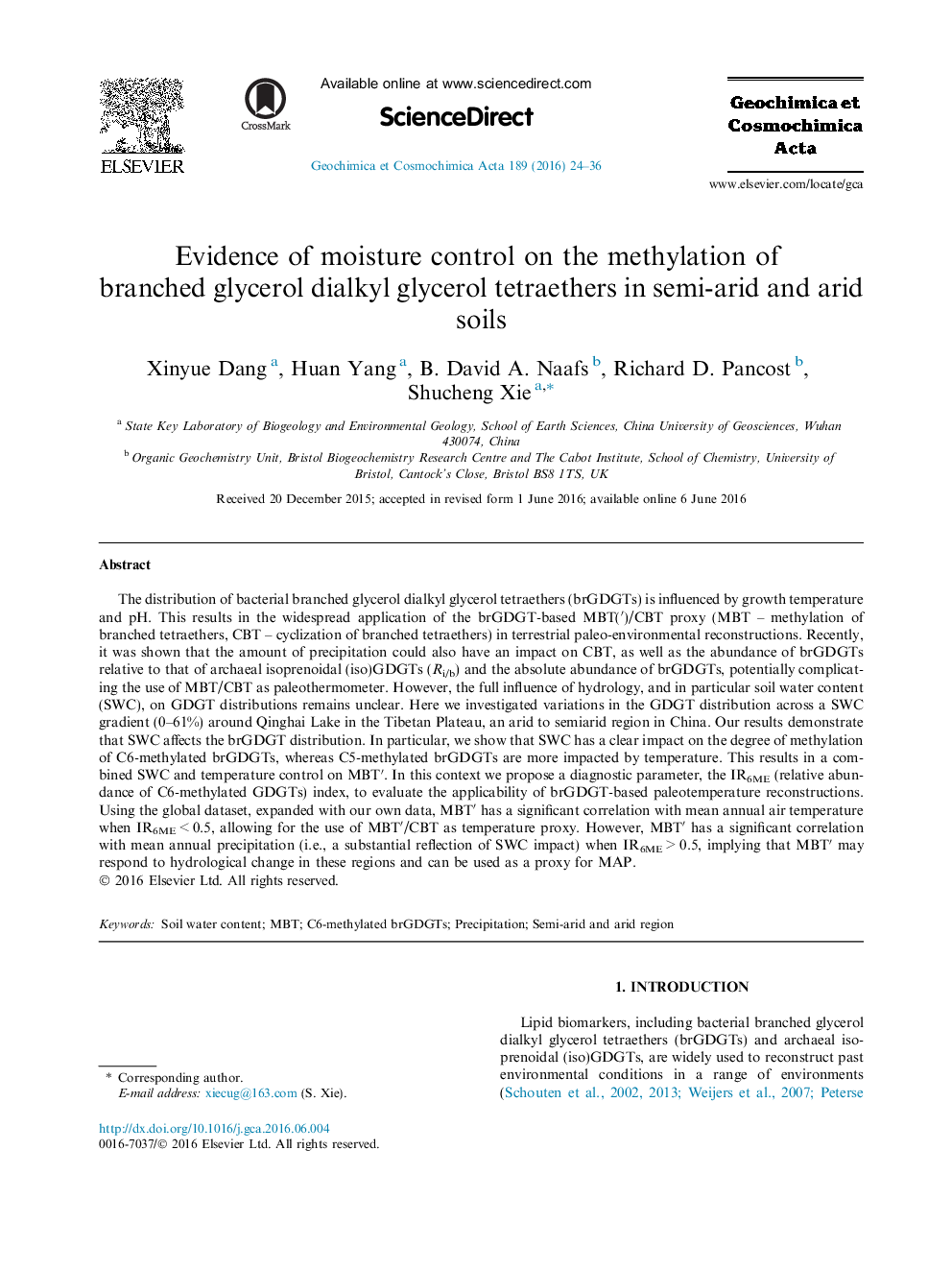 Evidence of moisture control on the methylation of branched glycerol dialkyl glycerol tetraethers in semi-arid and arid soils