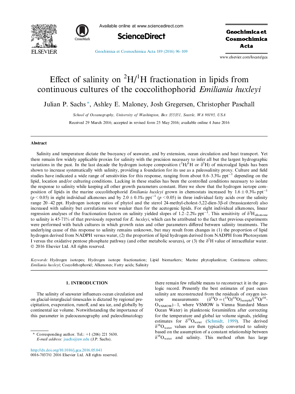 Effect of salinity on 2H/1H fractionation in lipids from continuous cultures of the coccolithophorid Emiliania huxleyi