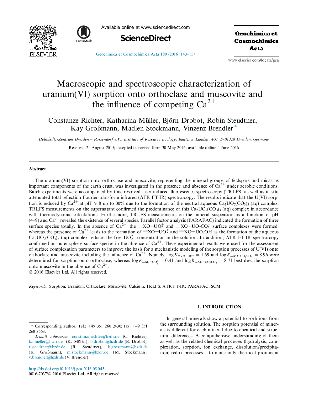 Macroscopic and spectroscopic characterization of uranium(VI) sorption onto orthoclase and muscovite and the influence of competing Ca2+