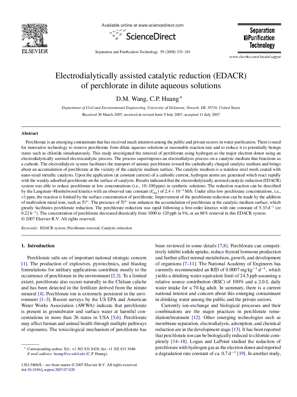 Electrodialytically assisted catalytic reduction (EDACR) of perchlorate in dilute aqueous solutions