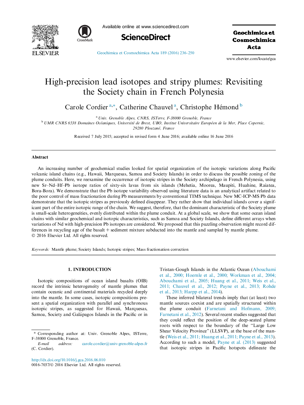 High-precision lead isotopes and stripy plumes: Revisiting the Society chain in French Polynesia