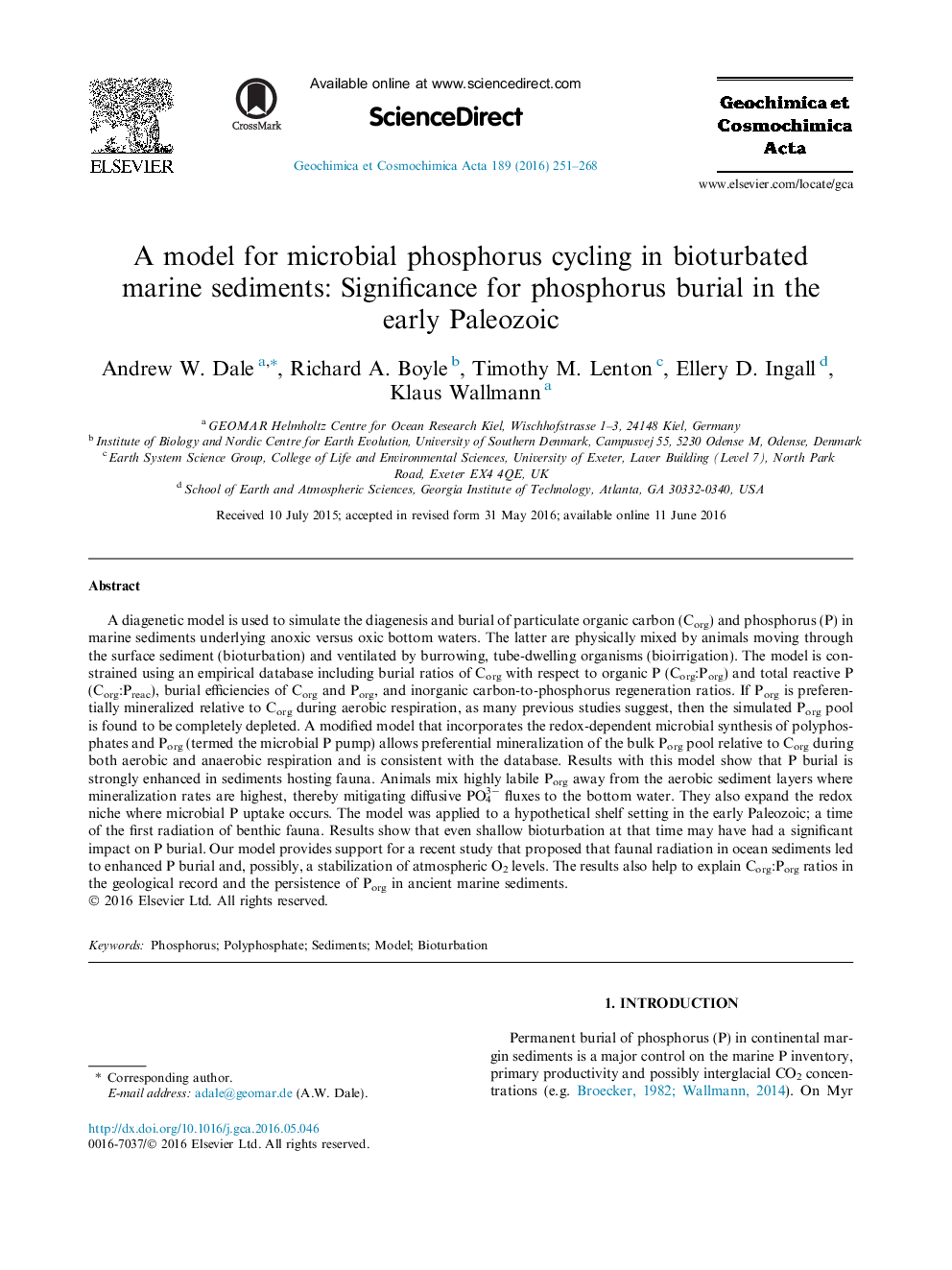 A model for microbial phosphorus cycling in bioturbated marine sediments: Significance for phosphorus burial in the early Paleozoic