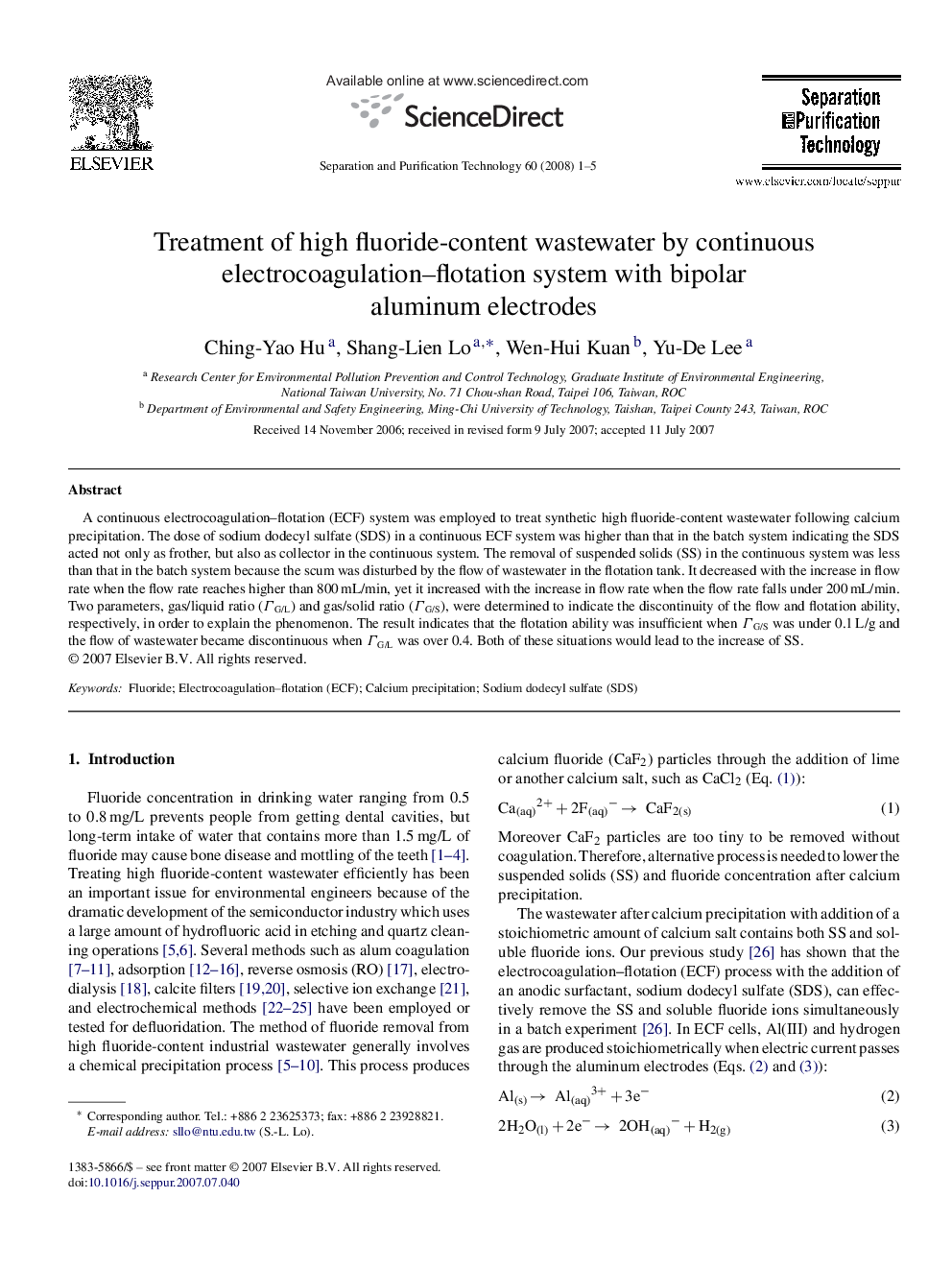 Treatment of high fluoride-content wastewater by continuous electrocoagulation–flotation system with bipolar aluminum electrodes