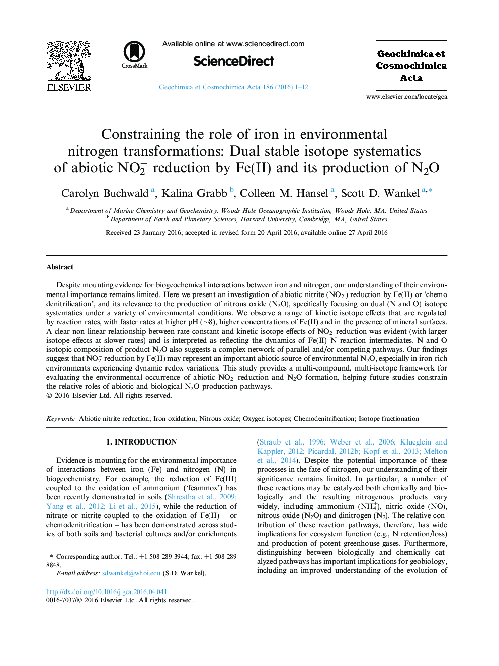 Constraining the role of iron in environmental nitrogen transformations: Dual stable isotope systematics of abiotic NO2â reduction by Fe(II) and its production of N2O
