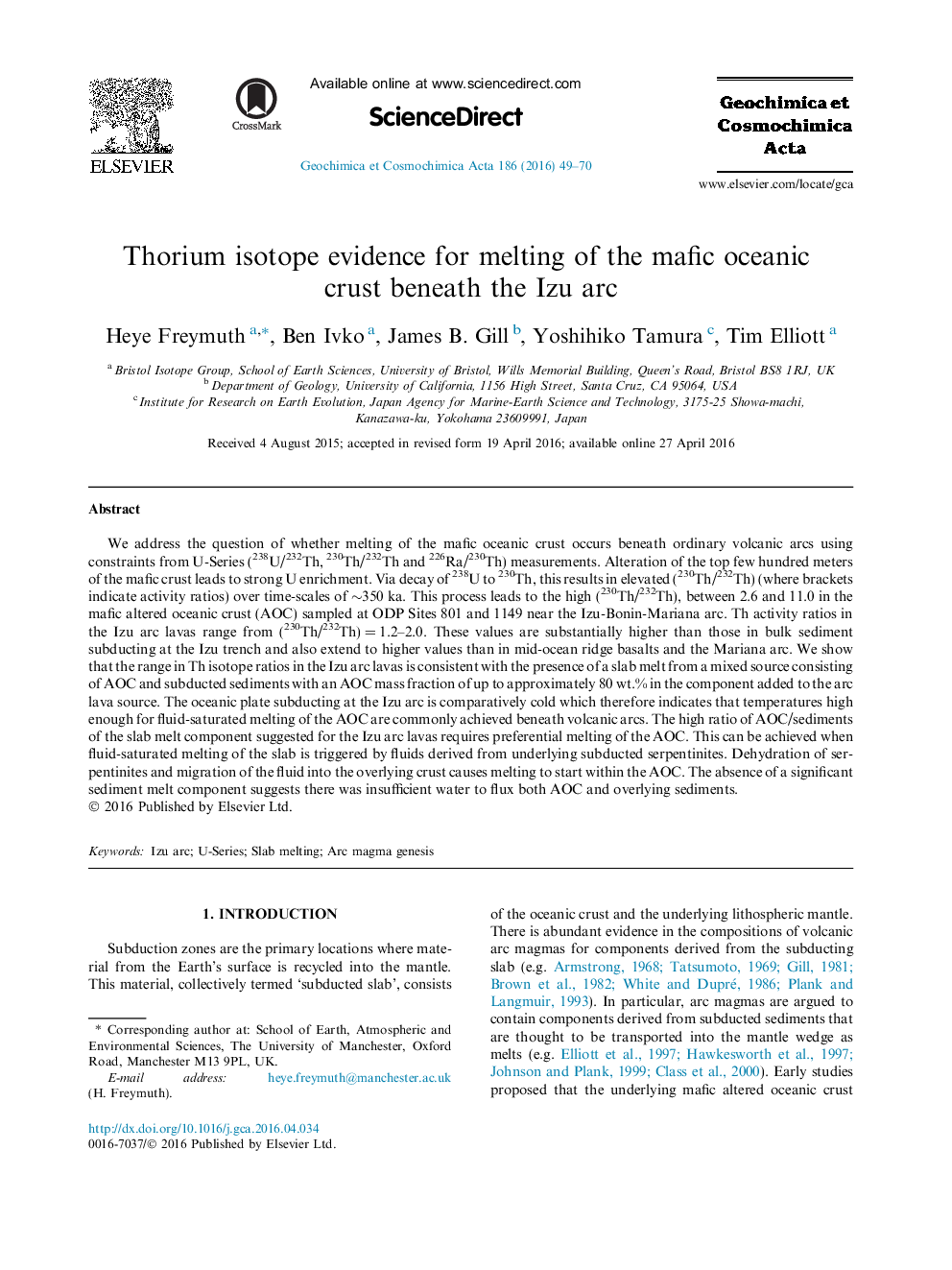 Thorium isotope evidence for melting of the mafic oceanic crust beneath the Izu arc