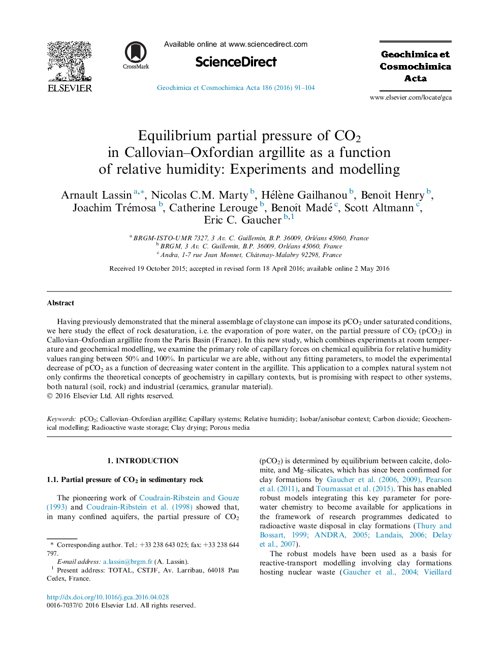 Equilibrium partial pressure of CO2 in Callovian-Oxfordian argillite as a function of relative humidity: Experiments and modelling