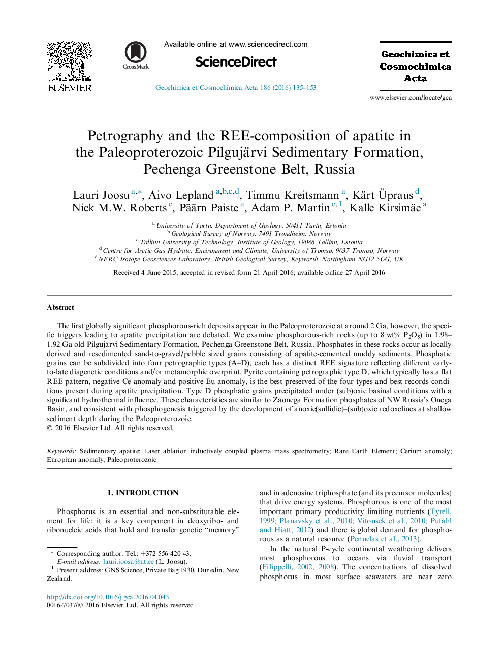 Petrography and the REE-composition of apatite in the Paleoproterozoic Pilgujärvi Sedimentary Formation, Pechenga Greenstone Belt, Russia