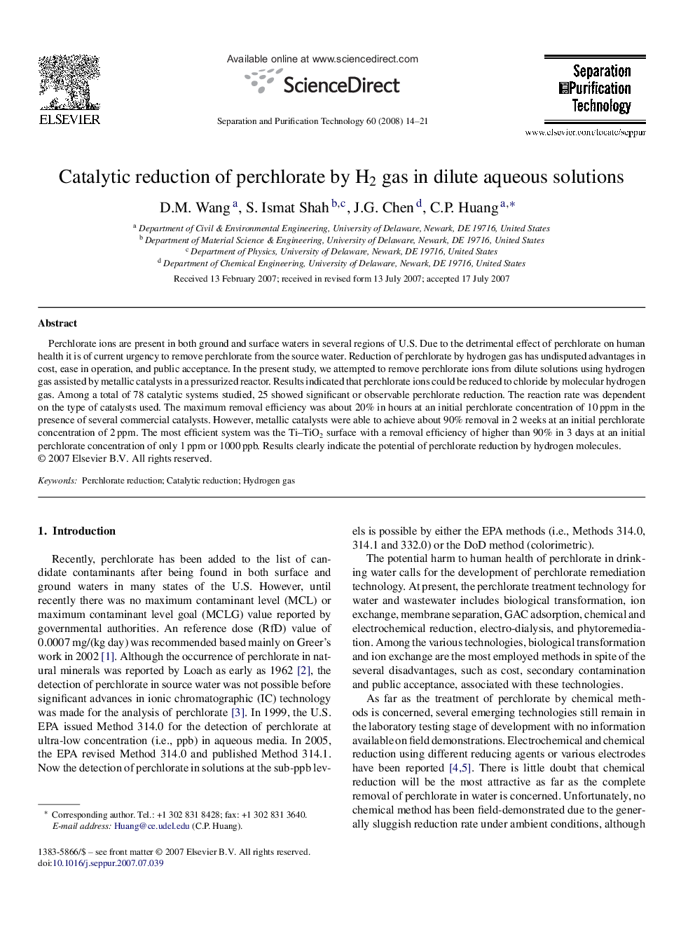 Catalytic reduction of perchlorate by H2 gas in dilute aqueous solutions