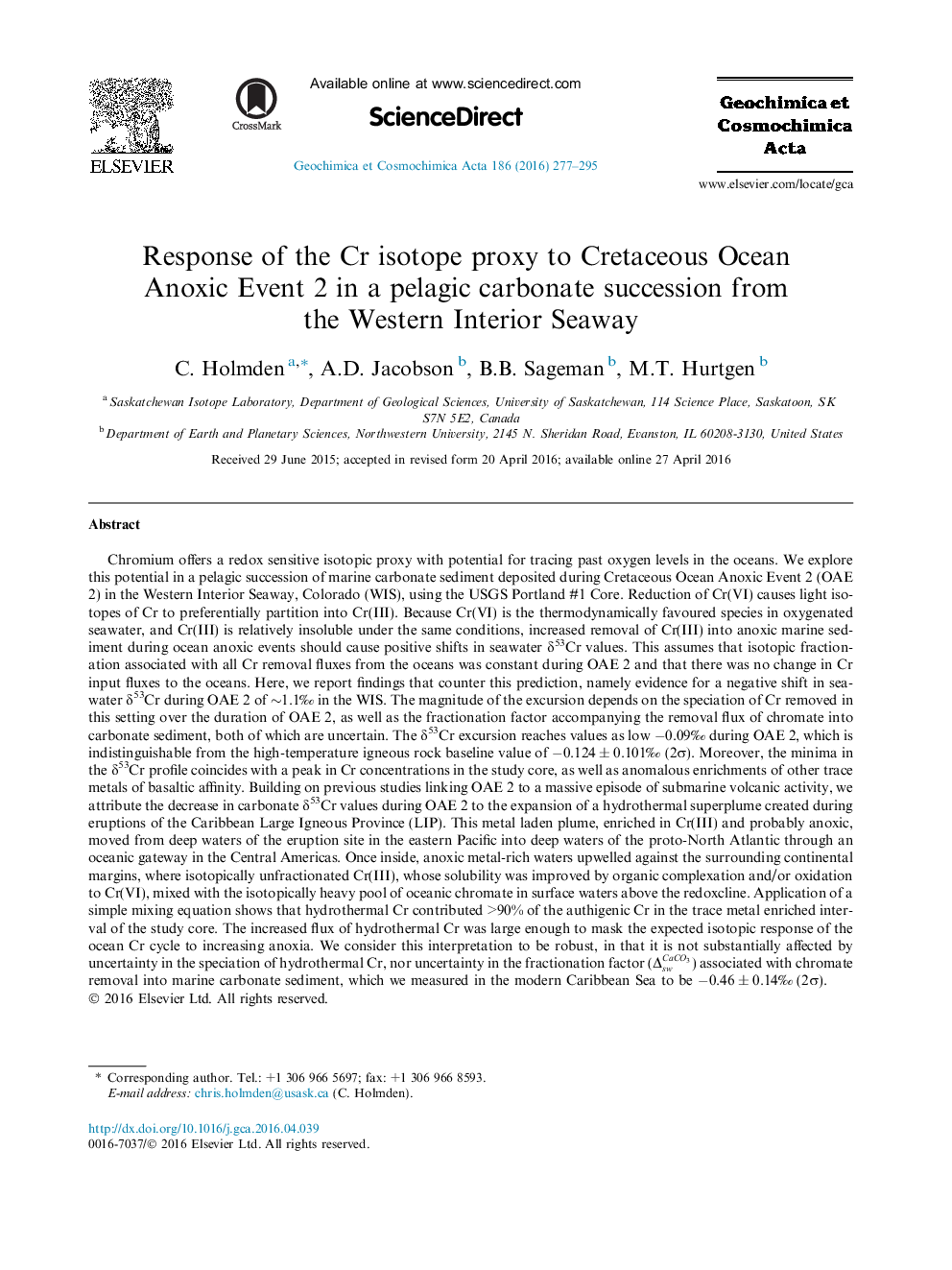 Response of the Cr isotope proxy to Cretaceous Ocean Anoxic Event 2 in a pelagic carbonate succession from the Western Interior Seaway