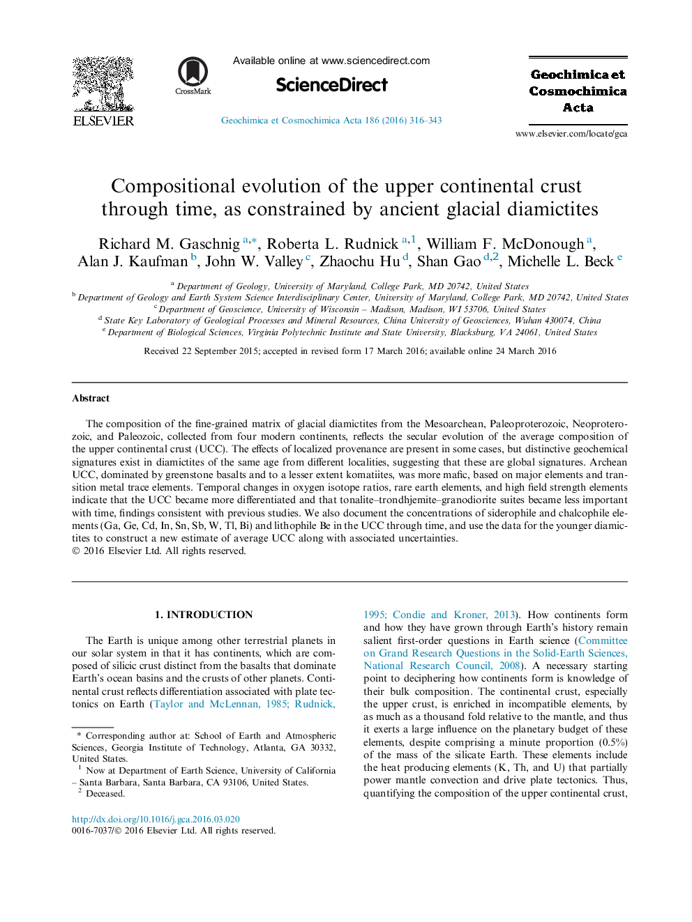 Compositional evolution of the upper continental crust through time, as constrained by ancient glacial diamictites
