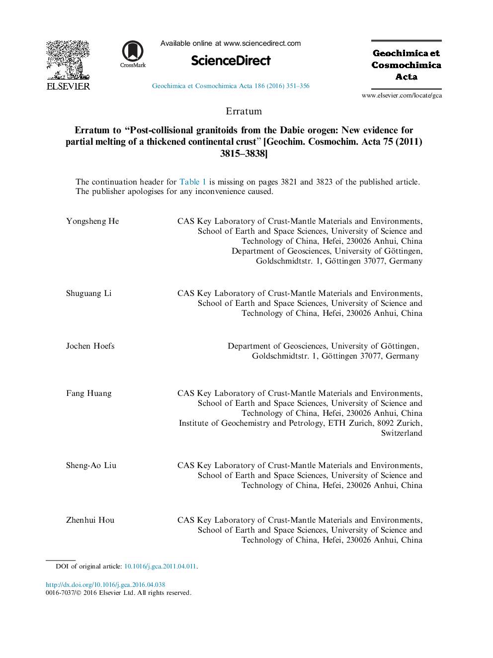 Erratum to “Post-collisional granitoids from the Dabie orogen: New evidence for partial melting of a thickened continental crust” [Geochim. Cosmochim. Acta 75 (2011) 3815-3838]