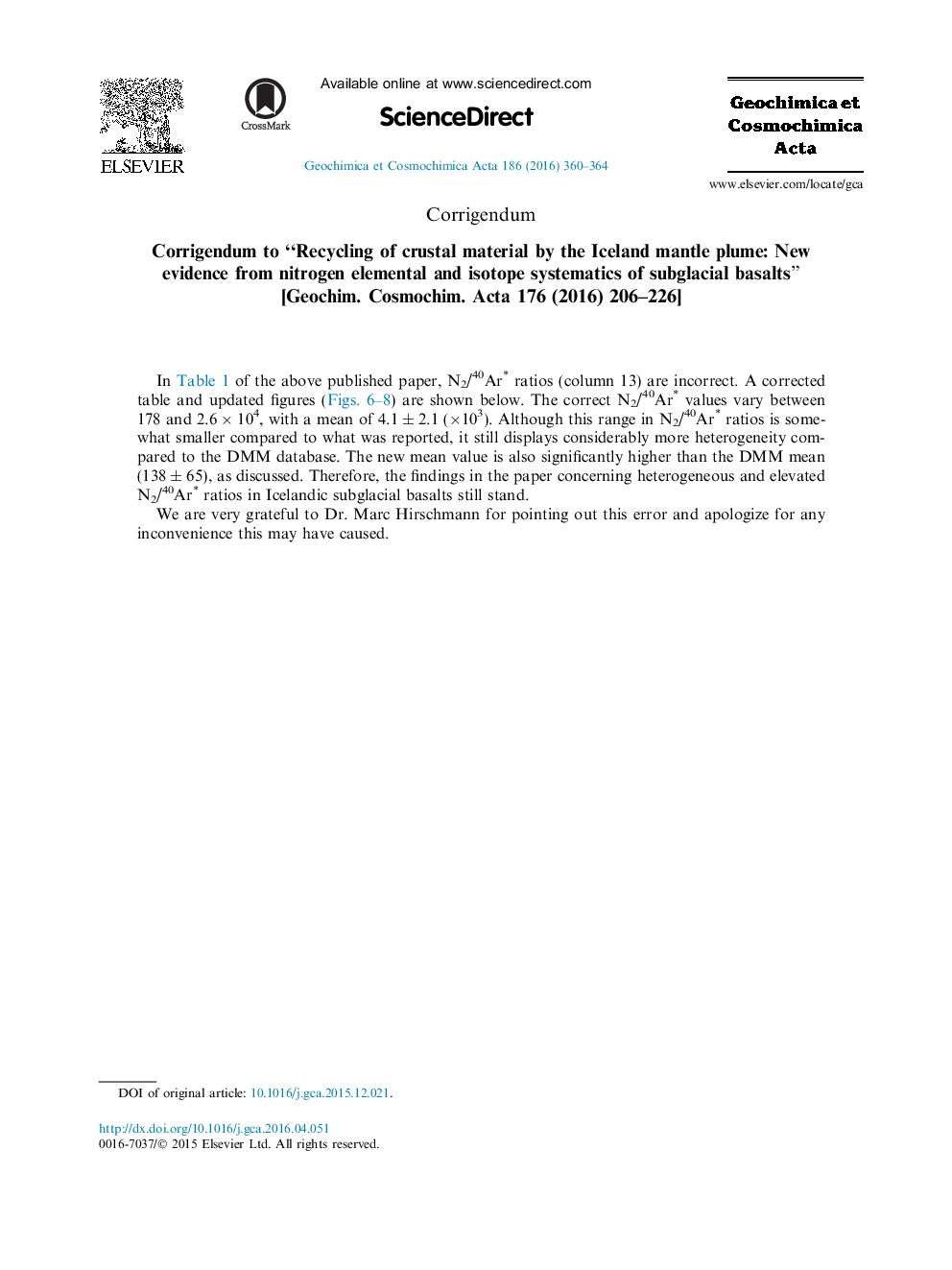 Corrigendum to “Recycling of crustal material by the Iceland mantle plume: New evidence from nitrogen elemental and isotope systematics of subglacial basalts” [Geochim. Cosmochim. Acta 176 (2016) 206-226]
