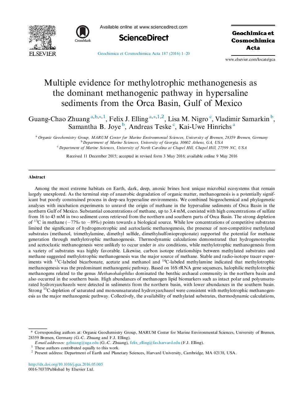 Multiple evidence for methylotrophic methanogenesis as the dominant methanogenic pathway in hypersaline sediments from the Orca Basin, Gulf of Mexico