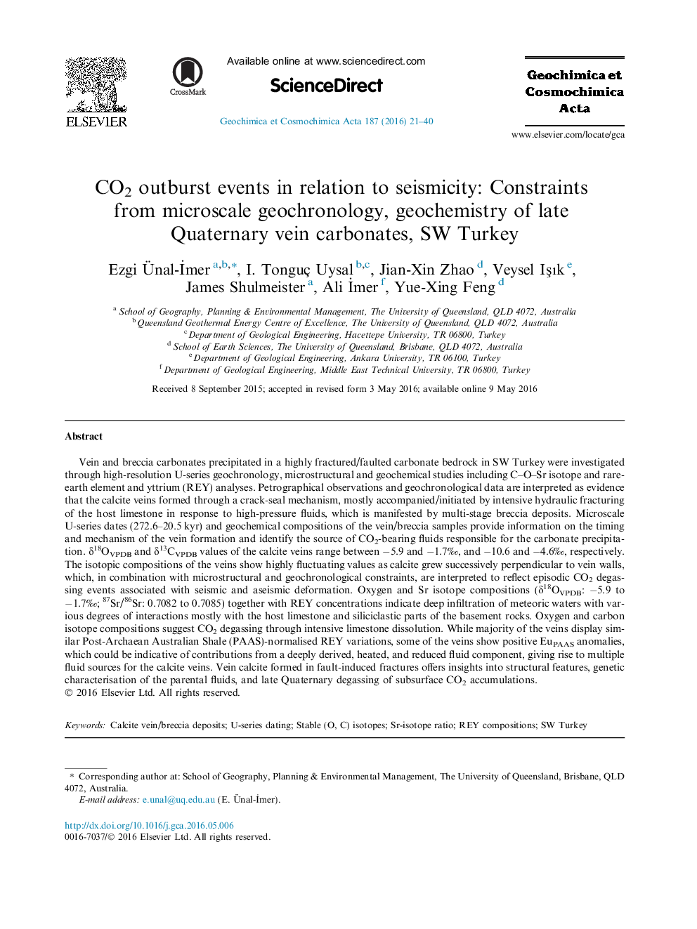 CO2 outburst events in relation to seismicity: Constraints from microscale geochronology, geochemistry of late Quaternary vein carbonates, SW Turkey