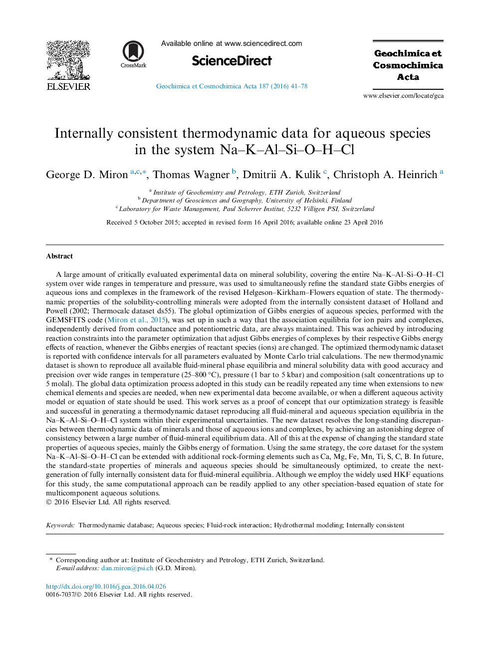 Internally consistent thermodynamic data for aqueous species in the system Na-K-Al-Si-O-H-Cl