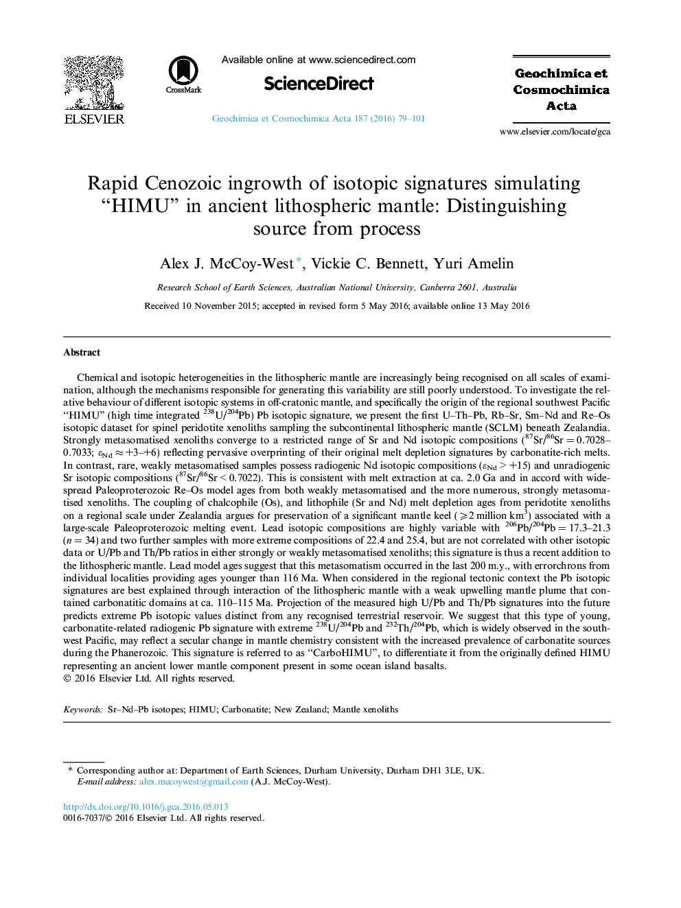 Rapid Cenozoic ingrowth of isotopic signatures simulating “HIMU” in ancient lithospheric mantle: Distinguishing source from process