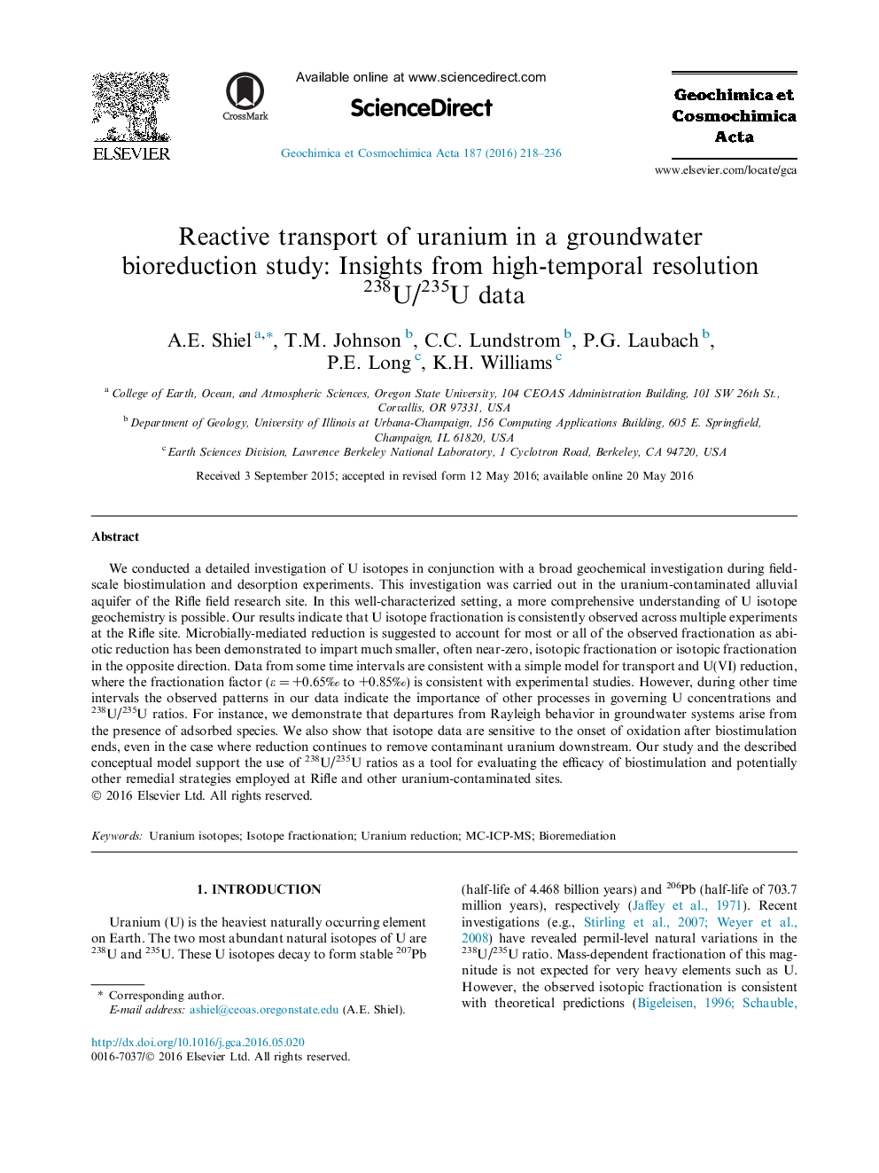 Reactive transport of uranium in a groundwater bioreduction study: Insights from high-temporal resolution 238U/235U data