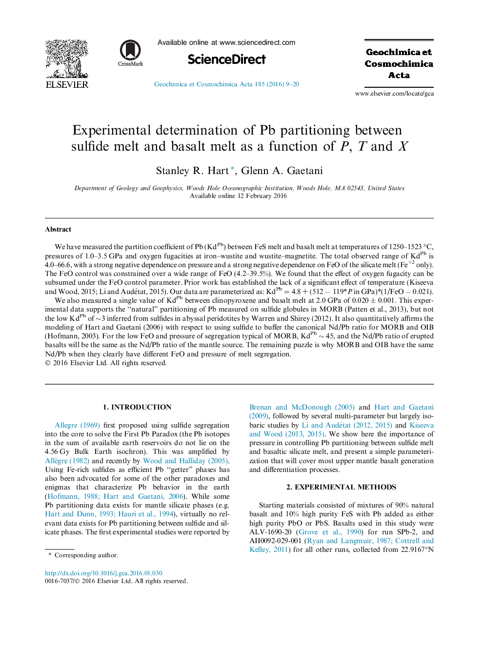 عکس صفحه اول مقاله: Experimental determination of Pb partitioning between sulfide melt and basalt melt as a function of P, T and X Experimental determination of Pb partitioning between sulfide melt and basalt melt as a function of P, T and X