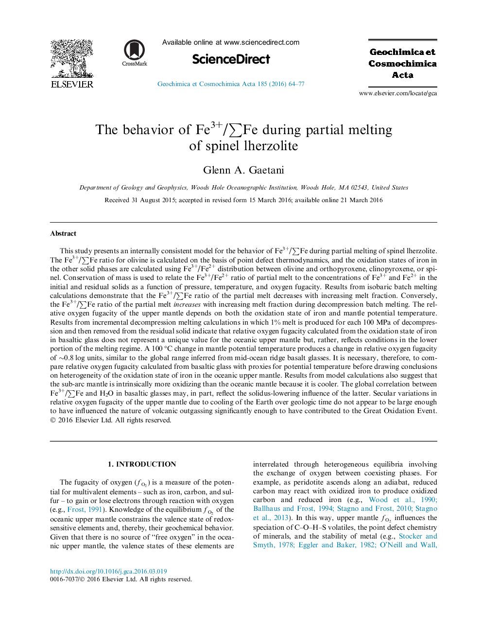 عکس صفحه اول مقاله: The behavior of Fe3+/âFe during partial melting of spinel lherzolite The behavior of Fe3+/âFe during partial melting of spinel lherzolite