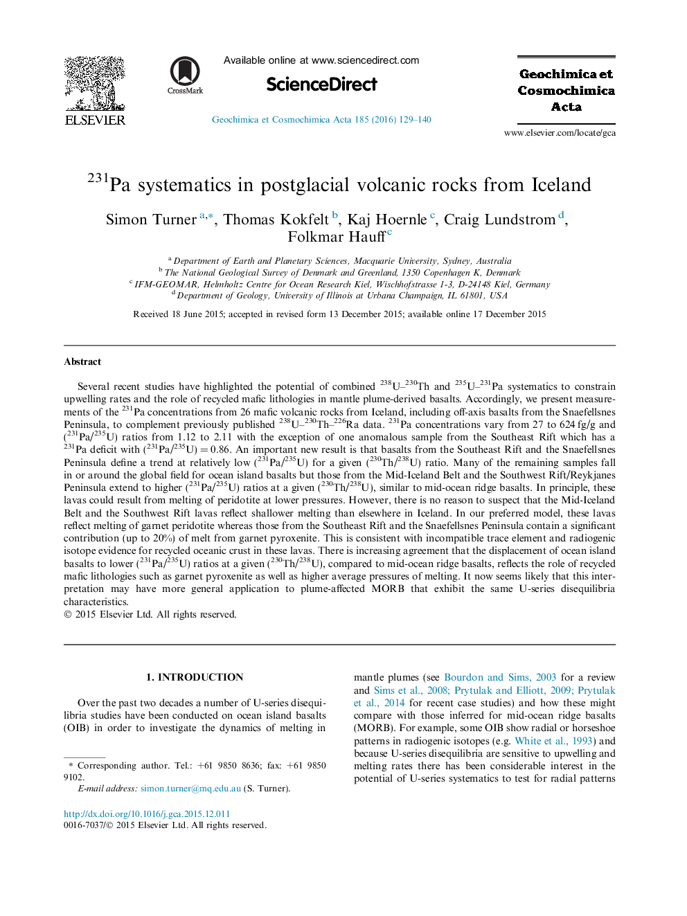 عکس صفحه اول مقاله: 231Pa systematics in postglacial volcanic rocks from Iceland 231Pa systematics in postglacial volcanic rocks from Iceland