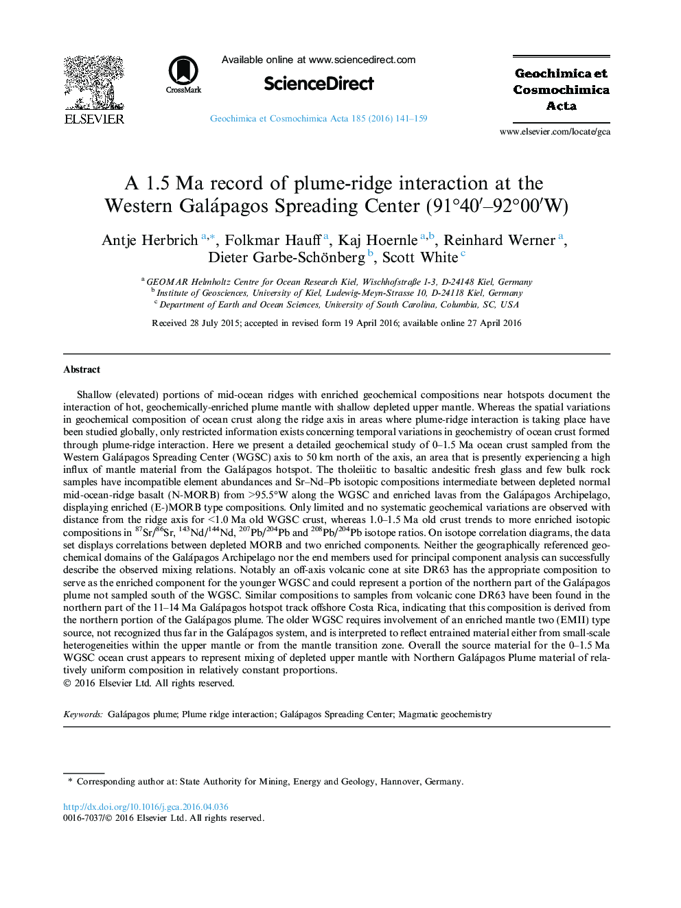 عکس صفحه اول مقاله: A 1.5 Ma record of plume-ridge interaction at the Western Galápagos Spreading Center (91°40′–92°00′W) A 1.5 Ma record of plume-ridge interaction at the Western Galápagos Spreading Center (91°40′–92°00′W)